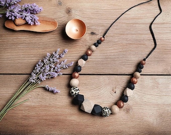 Collana da allattamento in silicone, legno, rame, leopardo nero