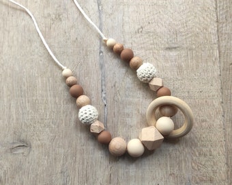 Beige brown silicone wooden breastfeeding necklace