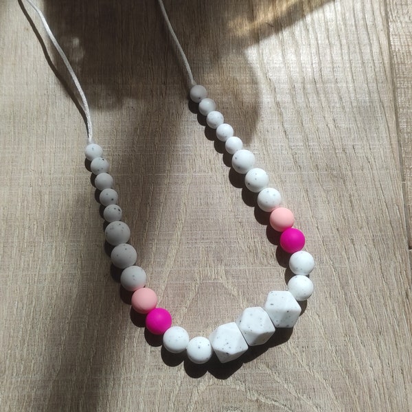 Collier allaitement 100% silicone rose blanc granite