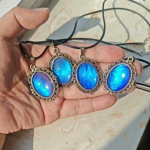 Könnte beinhalten: Vier ovale Anhänger mit irisierenden blauen Zentren, eingefasst in verzierten bronzefarbenen Rahmen, hängen an schwarzen Kordeln. Die Anhänger werden in einer Hand gehalten und zeigen ihre lebendige Farbe und ihr kompliziertes Design. Schmuck.