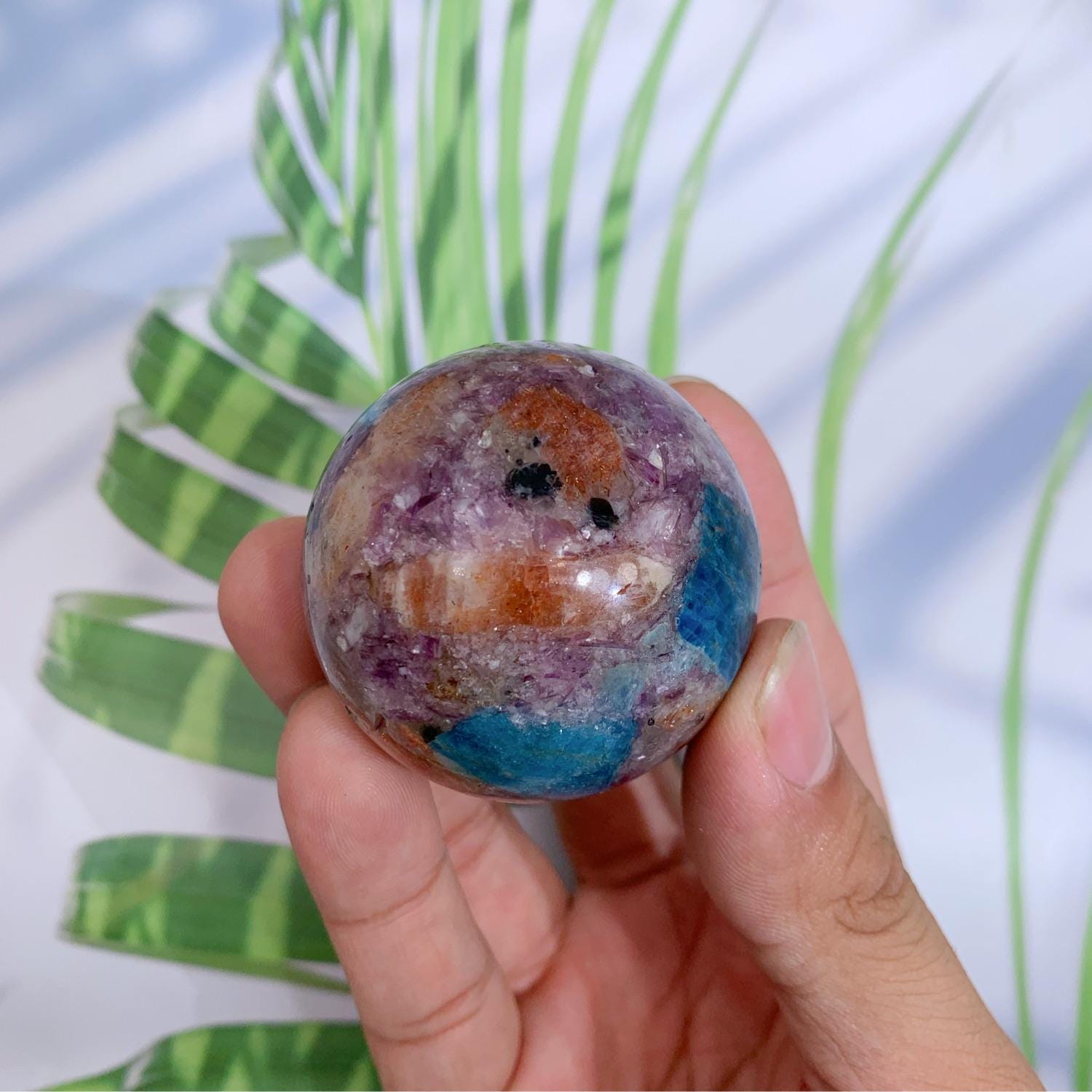 キラキラ　高品質　レピドライト　サンストーン　アパタイト　スフィア 1個 4.6 cm レピドライト ブルーアパタイト サンストーン スフィア