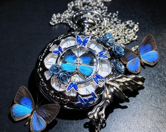 Giftable Original Midsummer Night's Dream Pocket Watch with Real Blue Morpho Butterfly Wing, Lolita Cosplay Decorative Watch, Perfect Gift