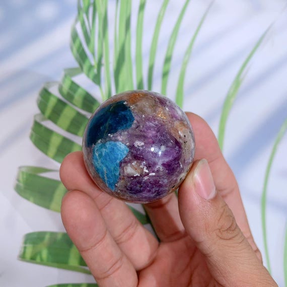 高品質　レピドライト　サンストーン　アパタイト　スフィア 1個 4.6 cm レピドライト ブルーアパタイト サンストーン スフィア