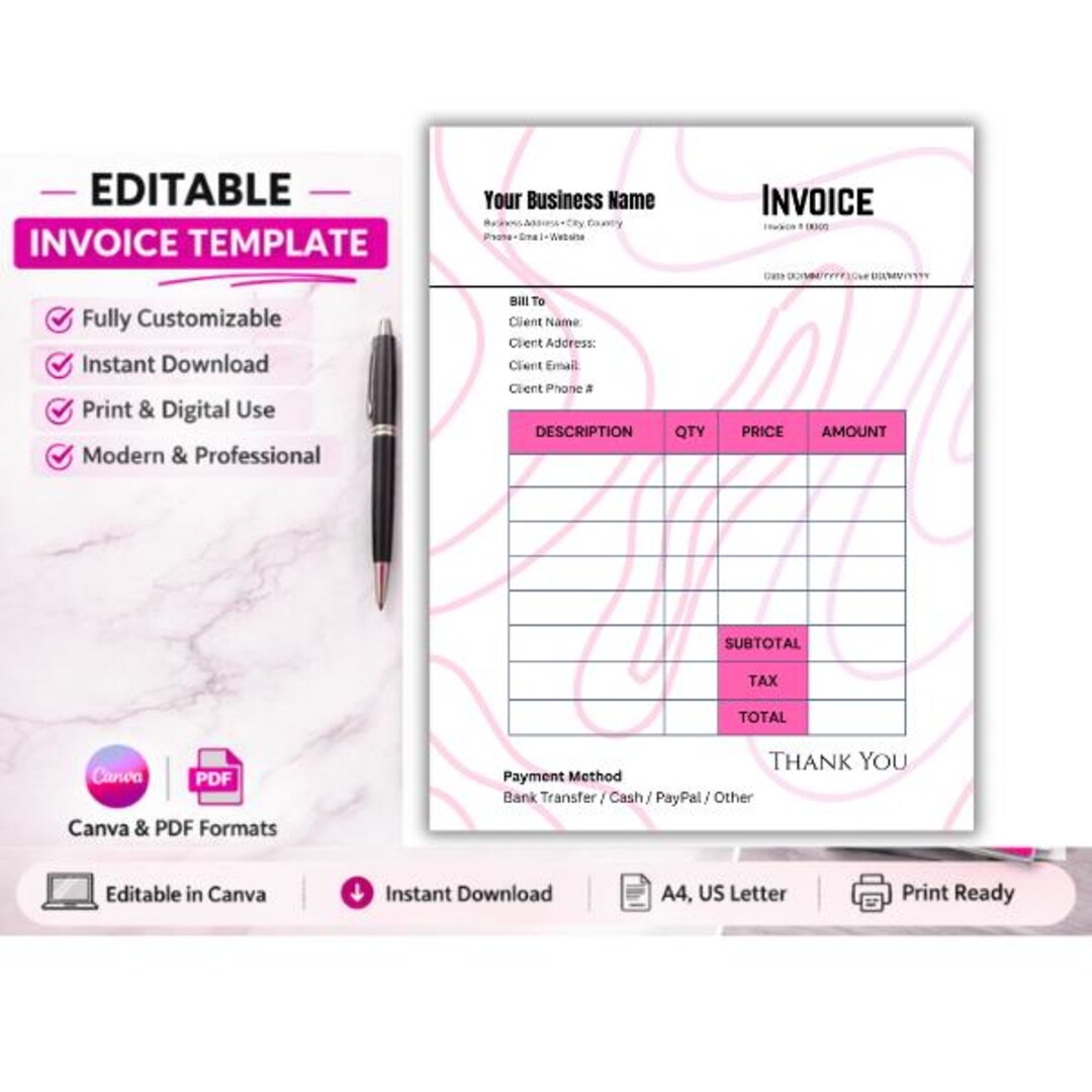 Editable Pink Invoice Template | Modern Business Forms (canva, PDF ...