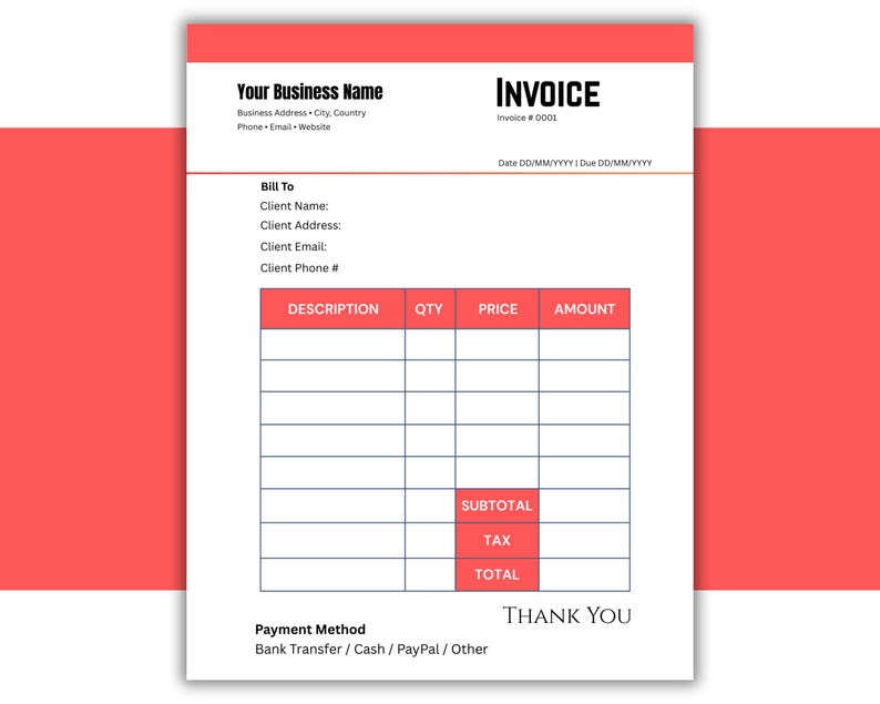 Modern Red Business Invoice Template | Editable Small Business Forms ...