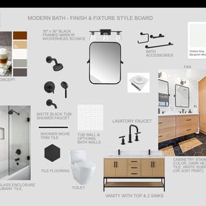 Könnte beinhalten: Moderne Badezimmer-Designinspiration mit einem Schwarz-Weiß-Farbschema. Die Ausstattung umfasst einen schwarz gerahmten Spiegel, schwarze Dusch-Armaturen, weiße Subway-Fliesen und dunkle sechseckige Bodenfliesen. Der Waschtisch ist aus Holz mit einer hellen Beize und hat zwei Waschbecken.