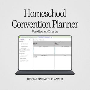 Könnte beinhalten: Ein digitaler Homeschool Convention Planner, der auf einem Laptop-Bildschirm angezeigt wird. Die Oberfläche des Planers enthält Abschnitte für die Planung, Budgetierung und Organisation von Konventionsdetails. Der Text auf dem Bildschirm enthält "Convention Dashboard" und "Plan • Budget • Organize".