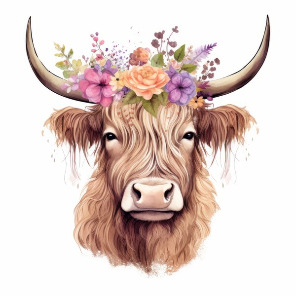 2 Highland Cows with Floral Headdress: SVG and Transparent PNG Digital Download - 300 dpi High Resolution, Vibrant Colors for Cards, TShirts