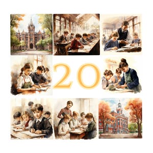 20 prachtige aquarel Victoriaanse schooldagen Clip Art – leraren, studenten, schoolgebouwen, klaslokalen voor kaarten, kunst aan de muur en klasprojecten