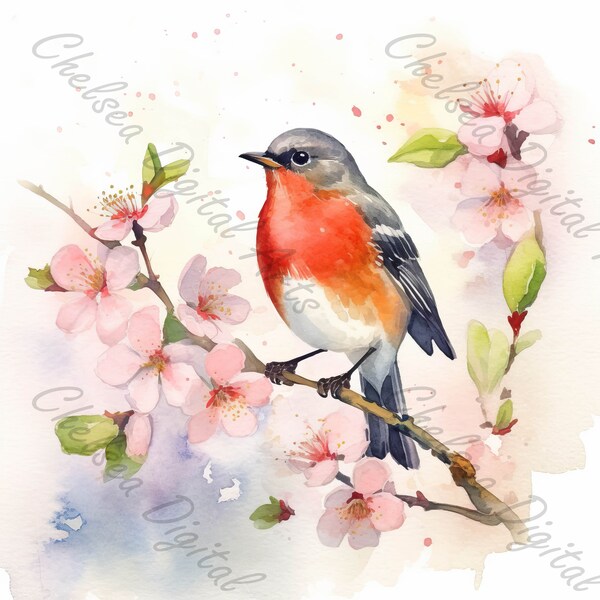 12 Robins in Spring Blossoms Part 1 Clipart - 12 High-Quality 4K JPGs for Greeting Cards, Wall Art, Crafting, Journals,  T-Shirts and Decor