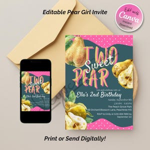 Invito di compleanno a tema "Due Pere Dolci", invito di compleanno modificabile per bambine, festa a tema "Pere", modello carino per la festa di compleanno di una bambina, download immediato