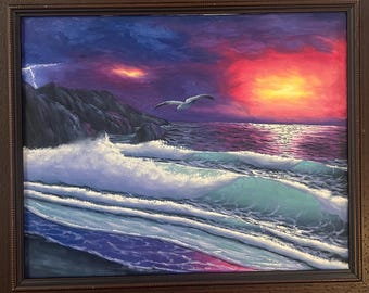 Ingelijst olieverfschilderij zeegezicht van Issac Dansereau, 20 x 24 inch