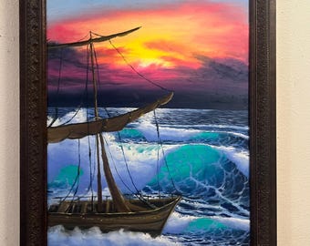 Origineel zeegezicht-olieverfschilderij: "Burning Horizon", ingelijste canvaskunst