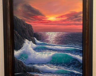 Origineel zeegezichtolieverfschilderij: golven van de zonsondergang, ingelijste canvaskunst