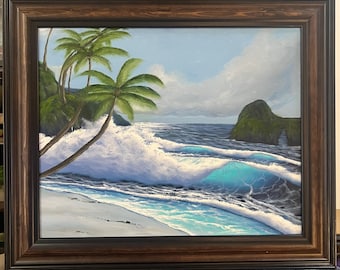 Origineel zeegezicht-olieverfschilderij op canvas met een houten frame in totaal 19 x 23 inch...