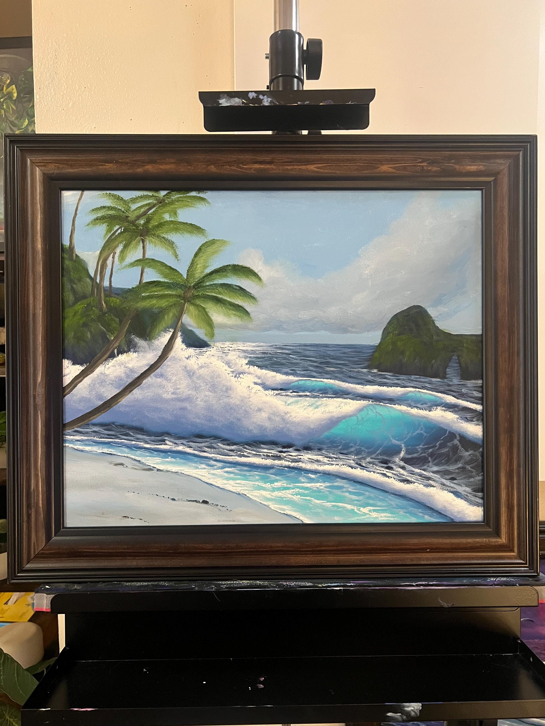 キャンバスに描かれたオリジナルの海景油絵（木製フレーム付き）。合計