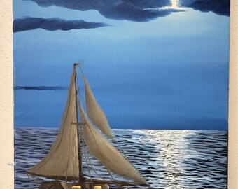 Origineel olieverfschilderij "Moonlight Blue". Door Isaac Dansereau