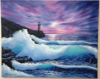 Origineel olieverfschilderij zeegezicht "Purple Abstraction" samenwerking door vader en zoon.