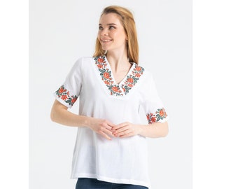 White Women Short Sleeve Linen Embroidered Blouse, Boho Chic Short Sleeve Linen Blouse, Floral Embroidered Linen Blouse, Boho Blouse