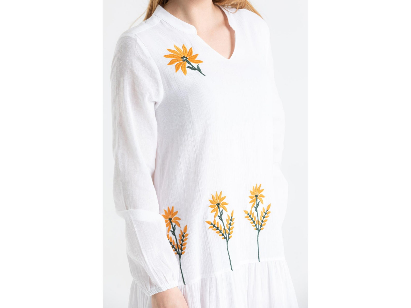Bohemian Blue Button wrinkled Linen Dresses Long Sleeve