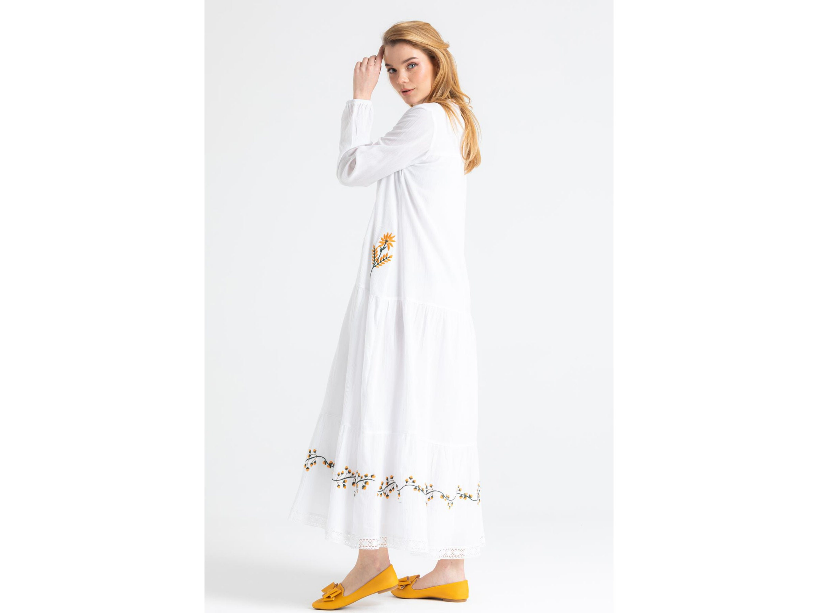Bohemian Blue Button wrinkled Linen Dresses Long Sleeve main image 1