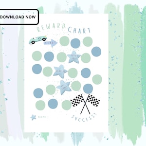 May include: A reward chart with a race car, stars, and checkered flags. The chart features blue and green circles for tracking progress, with the words "Reward Chart" and "Success!" printed on the design. The chart is designed with a light blue and green color scheme.