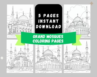 5 Grand Mosques Islamic Colouring Pages for Kids / Printable PDF / Colouring Book for Kids