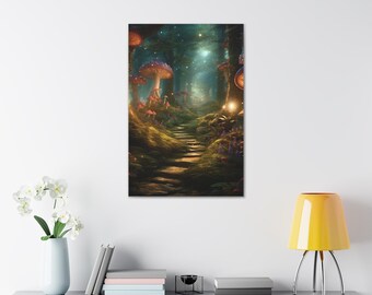 Könnte beinhalten: Ein digitales Gemälde eines magischen Waldweges mit leuchtenden Pilzen und einem sanften Licht am Ende des Weges.