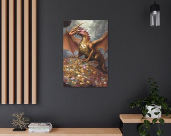 May include: A golden dragon with pink accents sits atop a pile of gold coins. The dragon has large wings and a fierce expression.