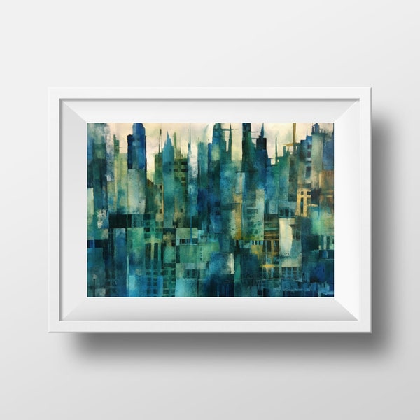 Enchanting Abstract Cityscape Wall Art - Deep Green & Blue Mixed Media - Tranquil Home Decor - Dreamy Escape  | 137