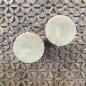 以下が含まれることがあります： 平らな円形の上面を持つ2つの円筒形の物体。上面はベージュとクリーム色が混ざり合った大理石のような仕上げになっています。円筒の側面は暗い赤褐色です。物体は垂直に配置されており、円形の上面が見える状態です。