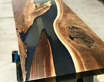 Epoxy Table Top, Natural Walnut Wood Epoxy Resin Table with designer metal legs
