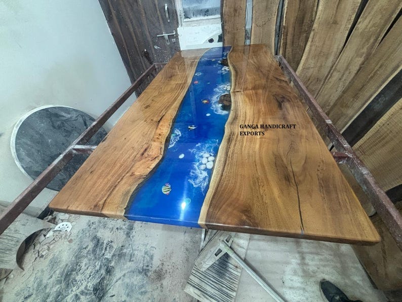 Epoxy Blue Ocean Dining Table, Natural Walnut, Designer Metal Legs (72 ...