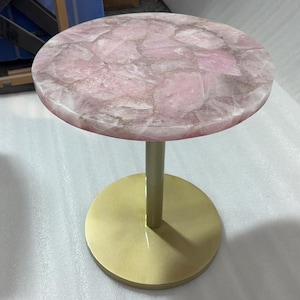 15&quot; Rose Quartz Round Corner Table, Side Table, Agate Sofa Table, Luxury Table,  With Stylish Golden Legs for Modern Homes, Height 24&quot;