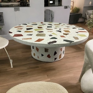 White Terrazzo Table Top for restaurants, gardens, balcony, round terrazzo coffee table top, long terrazzo dining tables, bar counter.