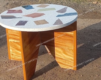 Round White Terrazzo Table with Wooden Legs, Balcony Garden Decor
