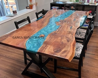 Custom Live Edge Walnut Dining Table, Blue Epoxy River Table