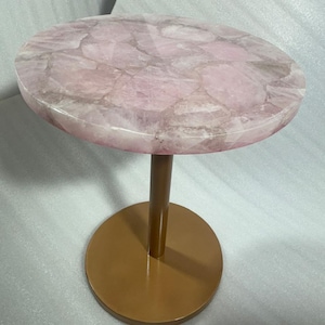 15&quot; Rose Quartz Round Corner Table, Side Table, Agate Sofa Table, Luxury Table,  With Stylish Golden Legs for Modern Homes, Height 24&quot;