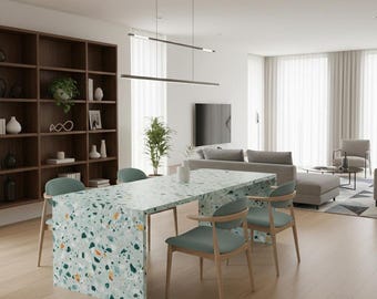 Mesa de comedor moderna de terrazo en forma de U, elegante decoración para sala de estar, 183 x 91 cm, con piezas de terrazo que caen a ambos lados, 76 cm de alto.