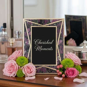 Rubin Zoisit fotoram, halvädelsten, handgjord mässingsinläggning