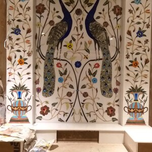Peacock Marble Inlay Wall Panel, Wall Decor, Backsplash, Customized Wall Panel Art, Customize your pet photo, home design, building design