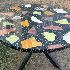 Round Terrazzo Coffee Table in Black with designer metal legs powder coated, Coffee Table for Home and Restaurants, IN STOCK, 30&quot;X30&quot;