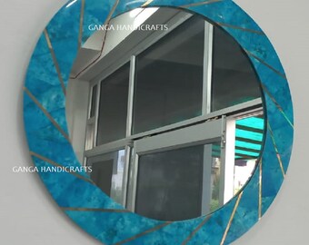 Espejo de pared redondo hecho a mano con incrustaciones de piedra turquesa, decoración moderna para el hogar.
