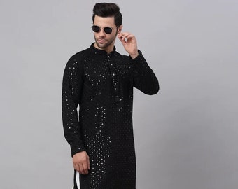 Men's Black Chikankari Embroidered Kurta With pajama suit.