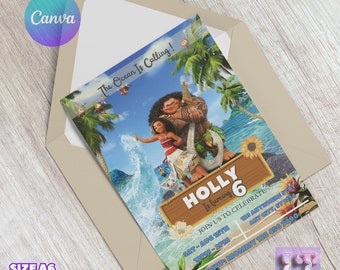 Moana, invitation d'anniversaire de fille de plage, invitation numérique de thème d'Hawaï, modèle modifiable de partie de téléchargement numérique instantané, thème de film, anniversaire