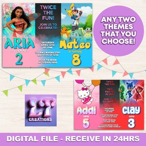 Può includere: File digitali di inviti per feste di compleanno personalizzati. Gli inviti presentano temi popolari come Moana, Pokemon, Hello Kitty e PJ Masks. Ogni invito include il nome del bambino, l'età e i dettagli della festa. È incluso anche il testo "Twice the Fun!"