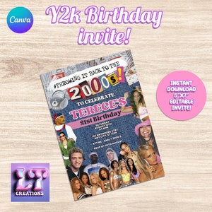 May include: A pink and blue birthday invitation with the text "#THROWING IT BACK TO THE 2000'S!" and "TO CELEBRATE TERECE'S 21st Birthday". The invitation features a collage of images from the early 2000s, including celebrities like Britney Spears, Justin Timberlake, and Christina Aguilera.
