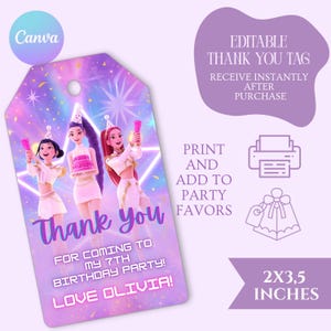 May include: A purple tag with the text "Thank You" and "For coming to my 7th birthday party! Love Olivia!". The tag features an illustration of three girls and measures 2 x 3.5 inches.
