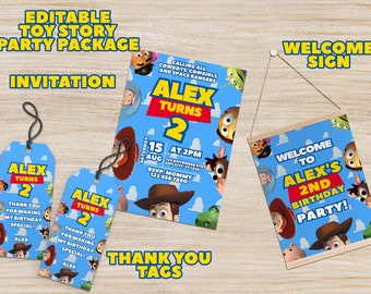 Può includere: Pacchetto festa Toy Story modificabile con un invito blu, un cartello di benvenuto e tag di ringraziamento. L'invito presenta uno sfondo blu con nuvole e personaggi del film. Il cartello di benvenuto presenta un design simile con il testo "Benvenuti alla festa di compleanno di Alex per i suoi 2 anni!" I tag di ringraziamento presentano uno sfondo blu con nuvole e personaggi del film. Il testo sui tag dice "Grazie per aver reso il mio compleanno speciale!"