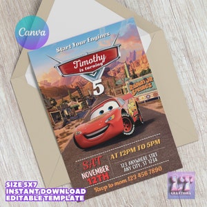 Cars Birthday Party Invitation, Cars Lightning McQueen Birthday Party Invitation, Boy Race Car Birthday Evite, Canva, Digital Invite